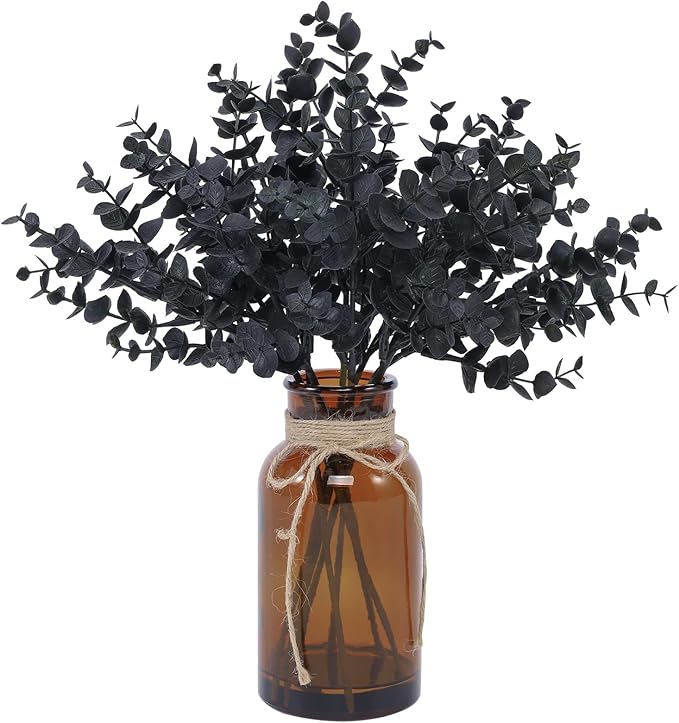 Black Eucalyptus Stems in Glass Vase with Faux Water for Halloween Decorations, 14" Eucalyptus Fake Plants for Home Bathroom Office Kitchen Farmhouse Shelf Centerpiece Coffee Table Decor