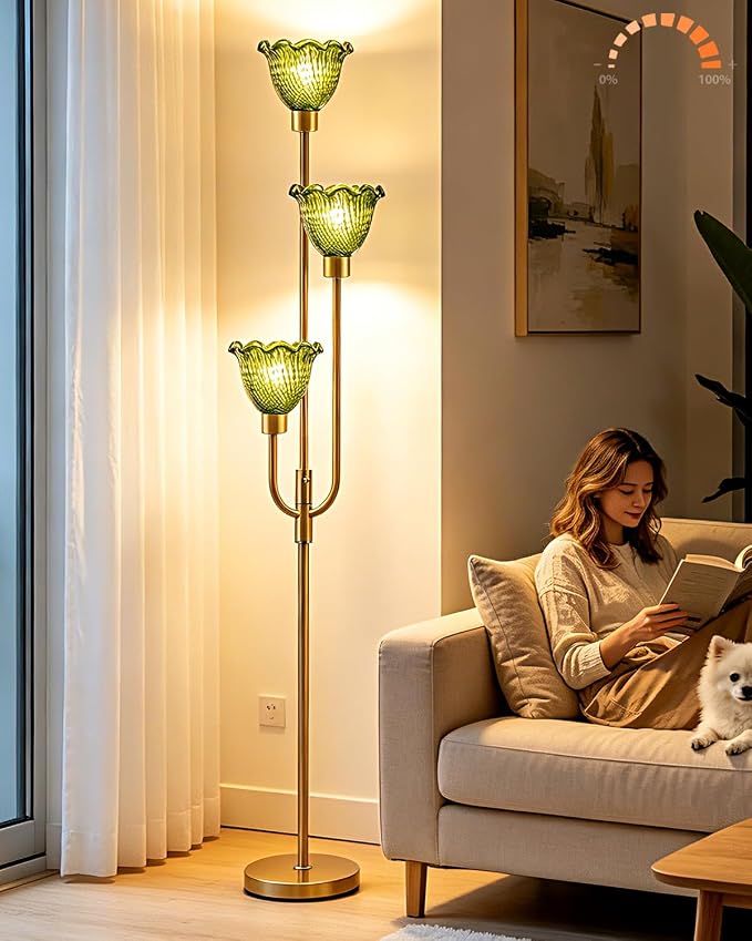 Lightdot 3-Lights Glass Floor Lamp 66IN Modern Gold Dimmable Floor Lamps with 3000K Warm White Bulbs for Wedding Party Tall Standing Lamp with Green Glass Shade for Living Room/Bedroom/Home Decor