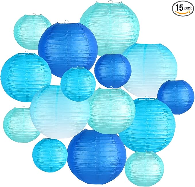Paper Lanterns Decorative, Gradient Blue Round Hanging Paper Lantern Decorations for Anniversary Graduation Wedding Birthday Party Baby Shower Decorations, 15Pcs
