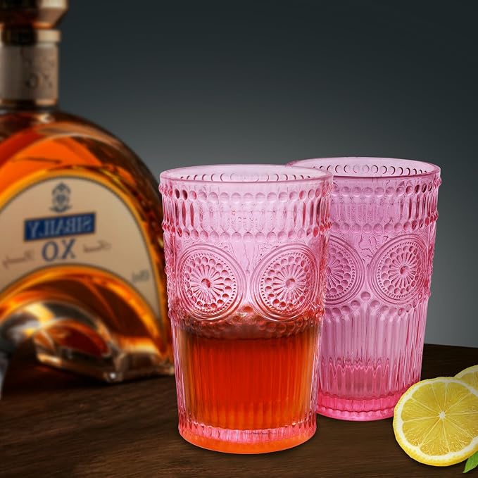 Loivttvv 6pcs Vintage Drinking Glasses Set, 12 oz Pink Highball Glasses, Embossed Ribbed Glassware Cups for Cocktail, Water, Juice, Coffee, Whiskey