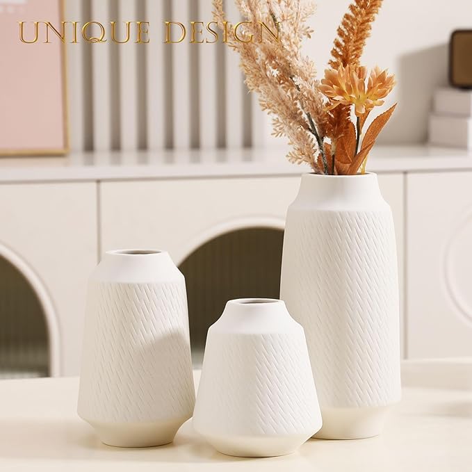 Ceramic Vase Set of 3 - Handcrafted Ceramic Vases for Home Decor & Shelf - Modern Farmhouse Decor for Kitchen, Office, Bedroom & Living Room Decorative Objects for Mantel, Table Centerpieces
