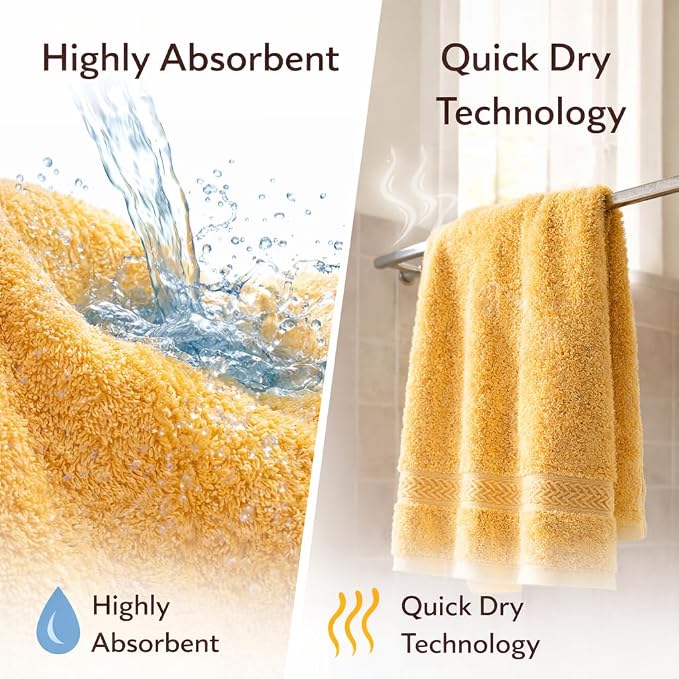 Bath Towels 27x52 | Soft & Quick-Dry | Highly Absorbent 100% Ring Spun Cotton Towels for Bathroom, Spa, Home & Hotel Use (Yellow (Pack of 5))