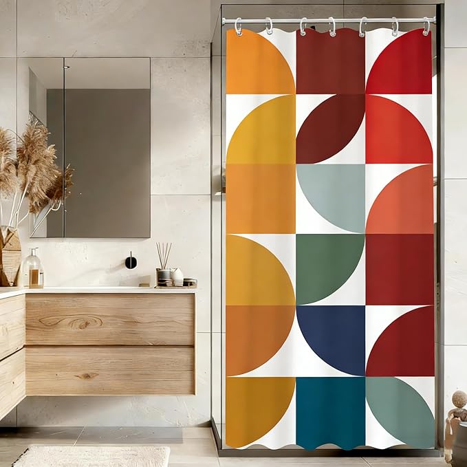 Colorful Mid Century Modern Shower Curtain, Boho Abstract Geometric Retro Art Shower Curtains for Bathroom, Rainbow Unique Cute Pattern Polyester Fabric Bathroom Set 12 Hooks 36X72IN