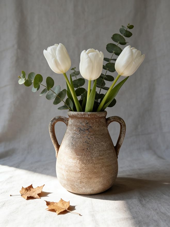 Ceramic Flower Vase Home Decor - 7.5 Inch Farmhouse Rustic Table Vases Living Room Decoration Decorative Vintage Pottery for Kitchen Shelf Coffee Dining Bookshelf Fireplace Centerpiece (Rustic-7.5")
