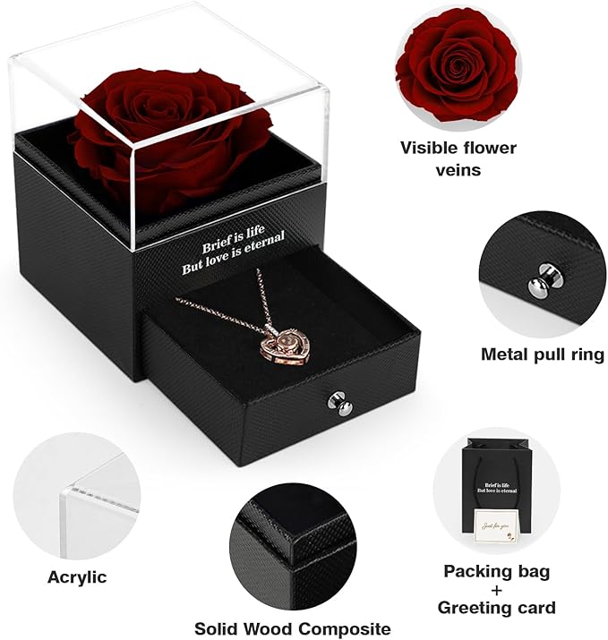 for Her Preserved Real Rose with I Love You Necklace in 100 Language, Girlfriend, Eternal Real Rose Flower Gifts for Women Mom Wife on Valentines Birthday Anniversaries