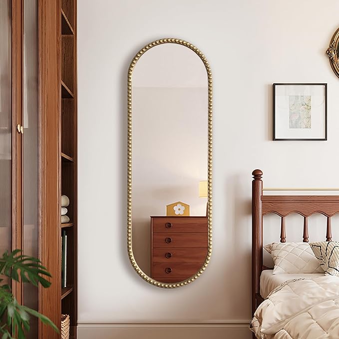 Antique Gold Full Length Mirror Oval Full Body Wall Mirror Baroque Beaded Mirrors Gold Metal Framed Decorative Wall Mirror for Bedroom Entryway 47"X16"
