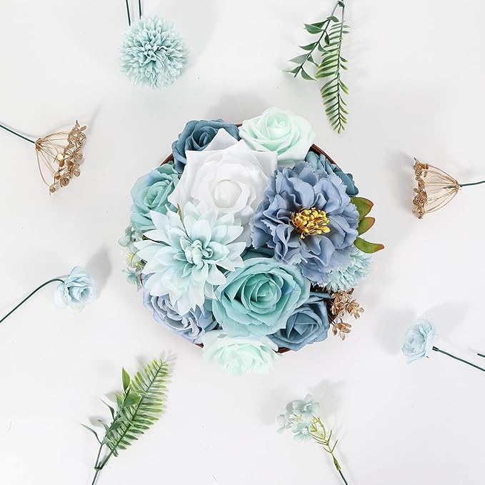 Artificial Flowers Combo Box Set Green Blue Bouquet Flowers for Wedding Centerpieces Arrangements Bridal Shower Party Decorations Fake Floral for Home