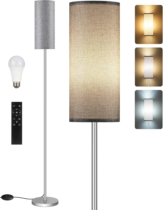 Dimmable Floor Lamps for Living Room with Remote and Foot Switch, 64.4” Modern Standing Tall Lamp, Corner Lamp for Bedroom, Office, Bulb Included, 3000K-6500K, Gray and Silver, FCC Listed SH06LD05W1