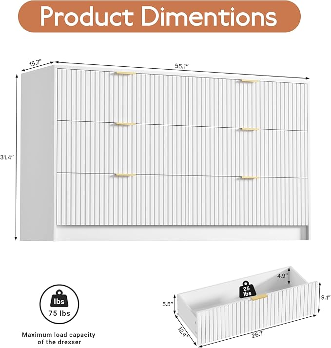 White Dresser for Bedroom, Modern Dresser with 6 Drawers and Smooth Slides, Wide Chest of Drawers with Golden Handles for Bedroom, Living Room, Closet, 15.7" D x 55.1" W x 31.4" H