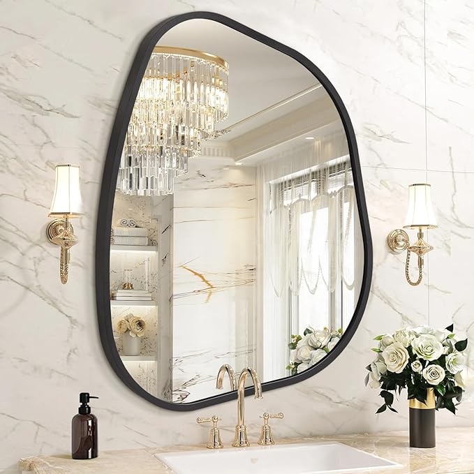 Irregcular Wall Mirror 20"x16" Black Asymmetrical Bathroom Mirror Metal Framed Modern Decorative Vanity Mirrors for Bedroom Living Room Entryway