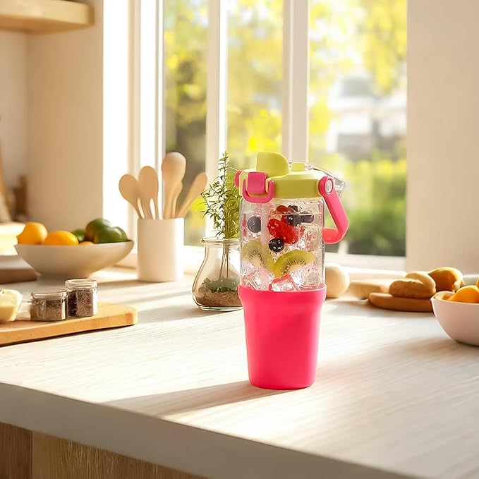 Glass Tumbler with Carry Handle, Clear Glass Water Bottle with Leakproof Lid, Spout Lid&Straw, BPA-Free, 32 oz, Bright Pink