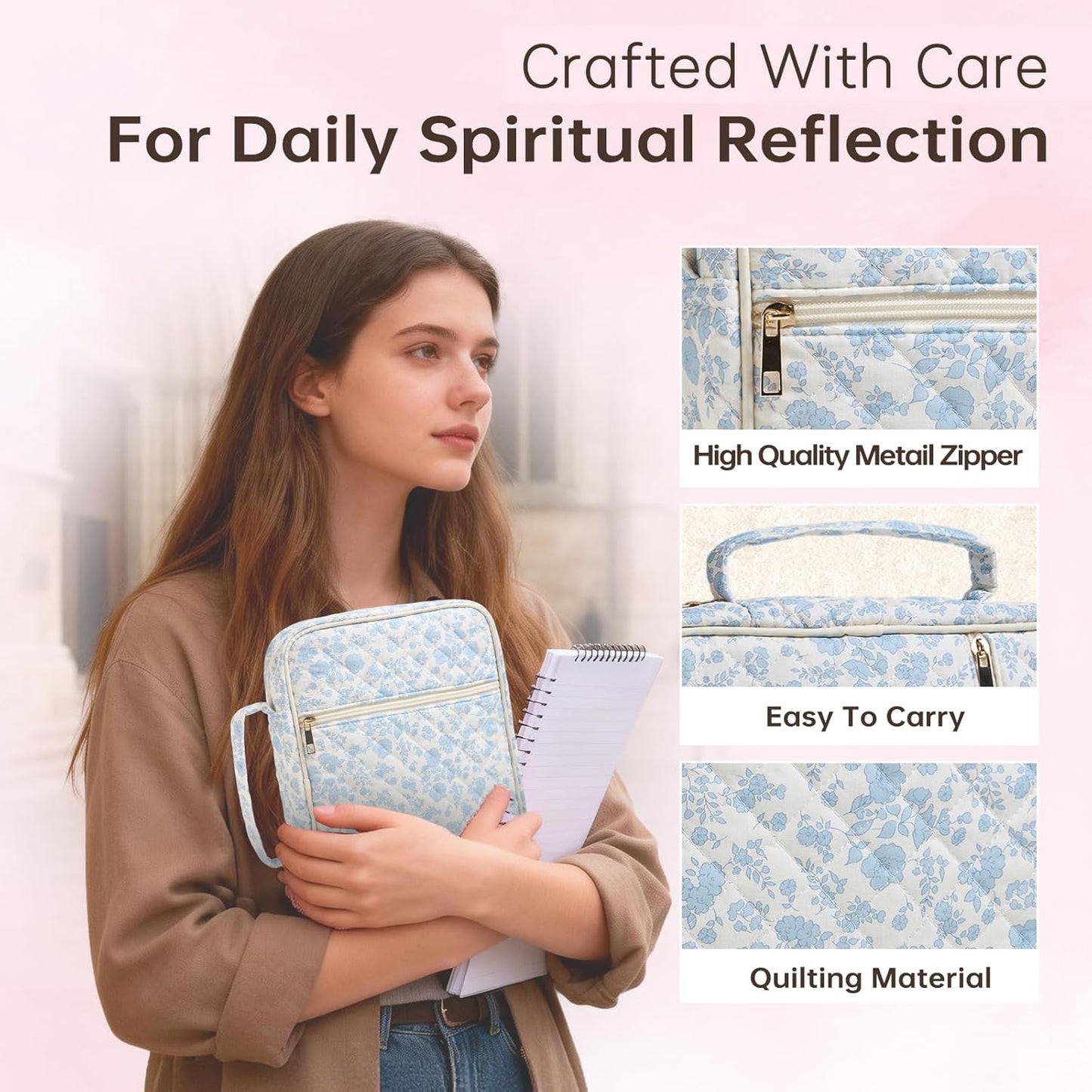 Skiennix Bible Cover - Quilted Large Bible Carrying Case for Women | Blue Floral Design