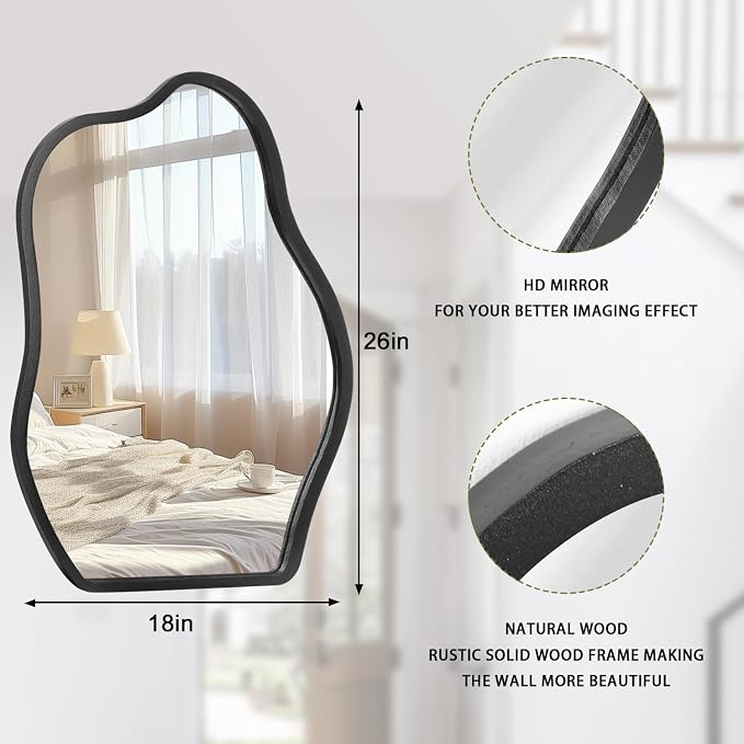 Irregular Mirror for Wall Decor Asymmetrical Wooden Framed Wall Mirror Modern Unique Shape Vanity Artistic Cloud Mirror Decorative for Living Room Bedroom Bathroom Entryway Black