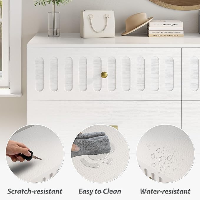IBF Modern 6 Drawer Dresser for Bedroom, Fluted White and Gold Chest of Drawers for Kid Adult Closet, Large Wood Clothes Storage Dresser with Anti-Tipping Device for Living Room Hallway, White Oak