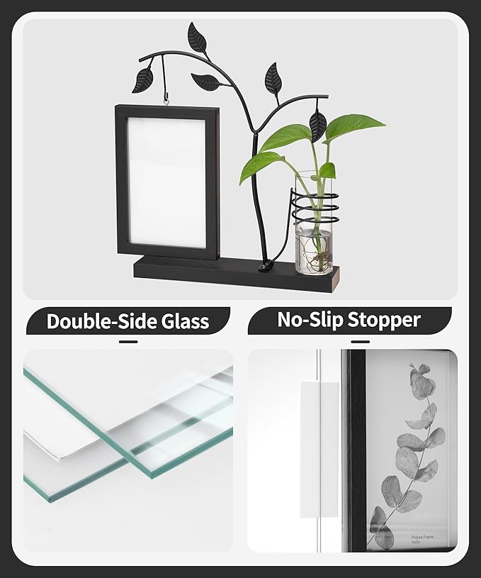 Afuly 4x6 Picture Frame Black with Metal Stand Glass Vase, Double Sided Glass Photo Frames, Wood Picture Frames Desk Modern Home Decor Anniversary wedding Gift for Couple Grandma Mom