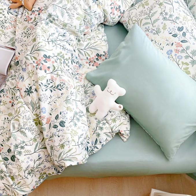 VM VOUGEMARKET Twin XL Comforter Set 3 Pieces Green White Flower Botanical Comforter with 2 Pillowcases Microfiber Cottagecore Bedding Set Twin