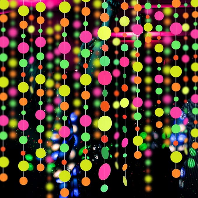 110feet UV Round Dot Paper Neon Garland Streamers Black Light Neon Decorations for Dark Glow Party UV Reactive Glow in The Dark Party Supplies Wedding Birthday Banner Decoration