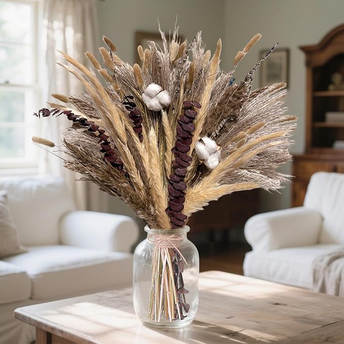 Pampas Grass Boho Home Decor 80PCS 17 inch Natural Dried Flowers for Vase Eucalyptus Stems Pompas Dried Flowers Bouquet DIY Arrangements Boho Wedding Bedroom Tables Rustic Decoration