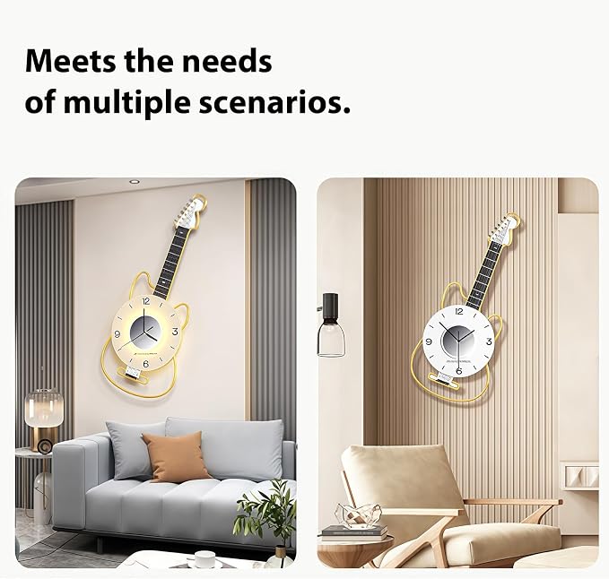 Modern Wall Clock for Living Room, Guitar Wall Clock with Adjustable Light, Great Decor for Music Room, Bedroom