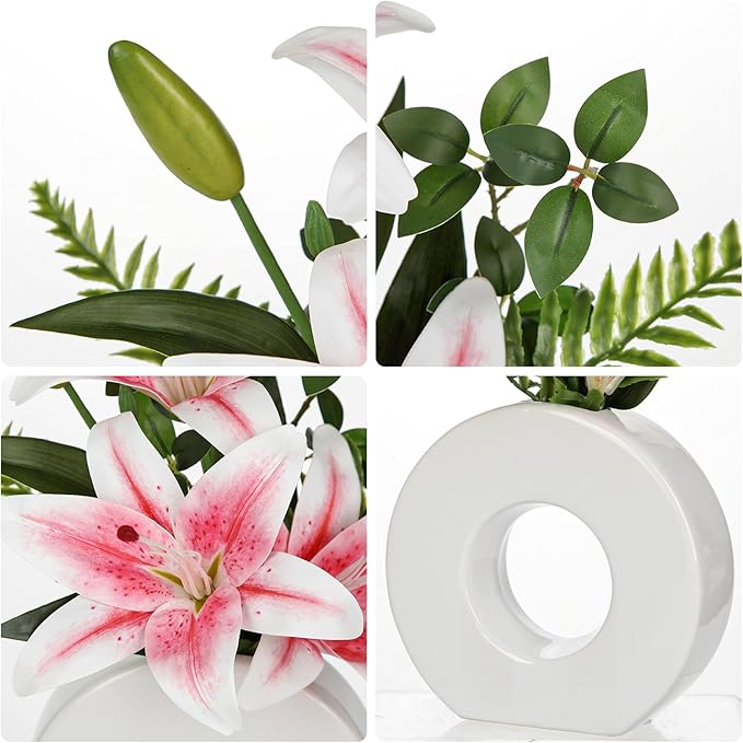 Artificial Flowers in Vase 13" Realistic Fake Lilies Flowers with 3 Heads Full Bloom Tiger Lily Floral Arrangement Pink Faux Flowers for Vase Table Centerpieces Home Wedding Bathroom Office Decor