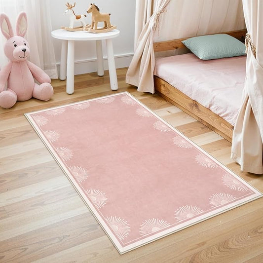 Hedlive Modern 3x5 Pink Rugs for Bedroom Girls,Ultra Thin Nursery Rug for Girls Room, Sun Printed Non Slip Washable Area Rug,Soft Non Shedding Throw Carpet for Playroom Classroom(3'x5',Pink)
