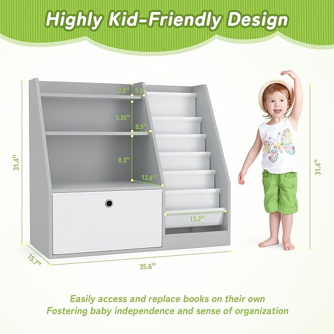 TOETOL Kids Bookshelf,Book Storage Organizer,6 Sling Toddler Wooden Book Shelf,3-Tier Kids Bookcase for Bedroom,Livingroom,Playroom,Nursery-Grey