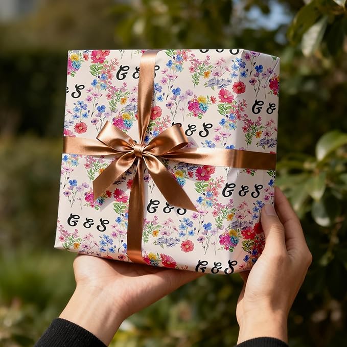 Fosteonix Custom Floral Initials Gift Wrapping Paper, Ideal for Couples Women Men, Personalized Funny Wrapping Paper for Christmas Birthday Wedding Party 58" x 23" Gift Wrap Roll