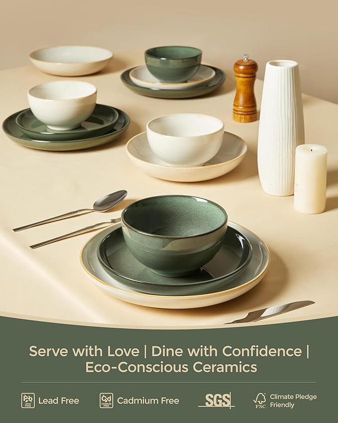 Pokini Stoneware Dinnerware Sets, Ceramic Plates and Bowls Set, Microwave & Dishwasher Safe Kitchen Dishes, Modern Dinner Salad Plates | Cereal Bowls, Dishware Sets Service for 4 Forest Green