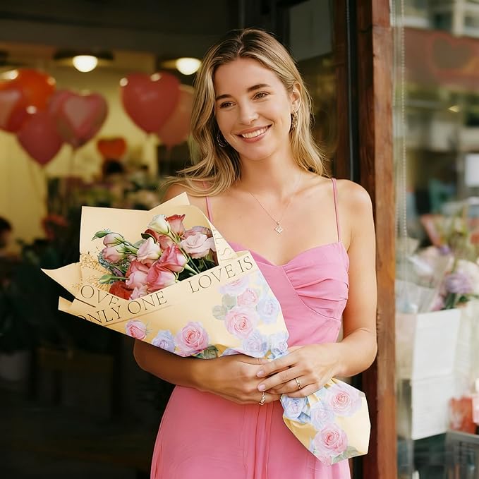 WRAPAHOLIC 20 Sheets Champagne Flower Wrapping Paper - 22.4 x 22.4 inch Rose Design Water-Resistant Floral Bouquet Wrapping Paper, Florist Supplies Packaging for Wedding Birthday Gift DIY