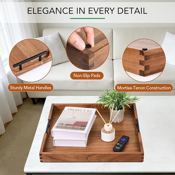 Joy&Grace Ottoman Tray for Living Room, Large Acacia Wooden Serving Tray with Handles for Coffee Table, Breakfast in Bed, Food Dinner, Decorative Tray (Color Natural, 20" x 20" x 2")