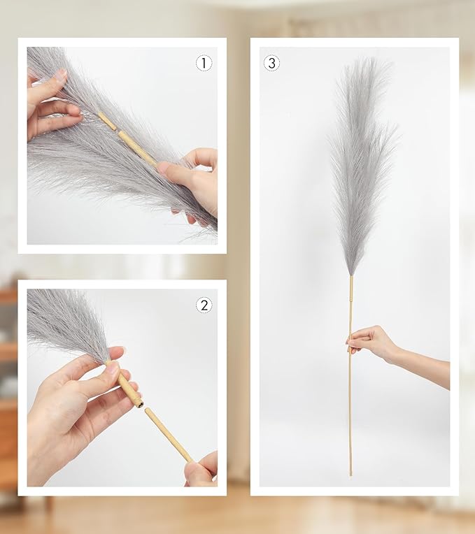 9 Pcs 45" Tall Pampas Grass Grey Decor, Long Stem Artificial Flower Floor Vase Large Faux Floral Pompas Fake Plants Dried Bouquet Arrangement Vase Filler for Boho Home Wedding Decoration