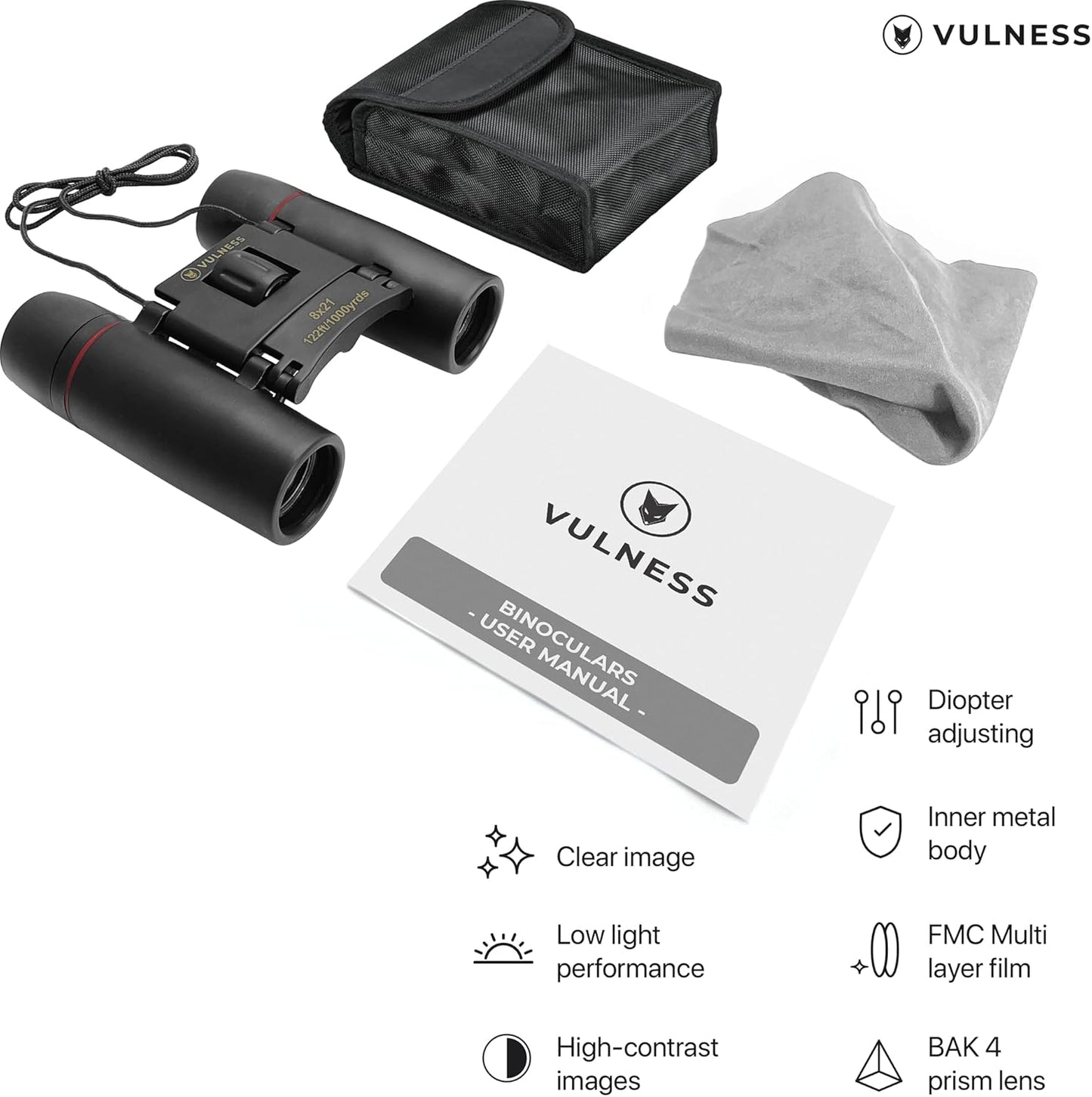 VULNESS Compact Travel Binoculars - High Powered 8X21 for Bird Watching & Outdoor Adventures (Black)