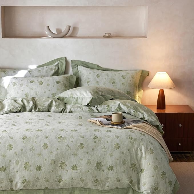 mixinni Yarn-Dyed Jacquard Duvet Cover Queen, Green Botanical Leaf Print 3-Piece Bedding Set with Wide Edge Piping, Soft Breathable Double Layer Gauze for All Seasons (1 Duvet Cover + 2 Pillowcases)