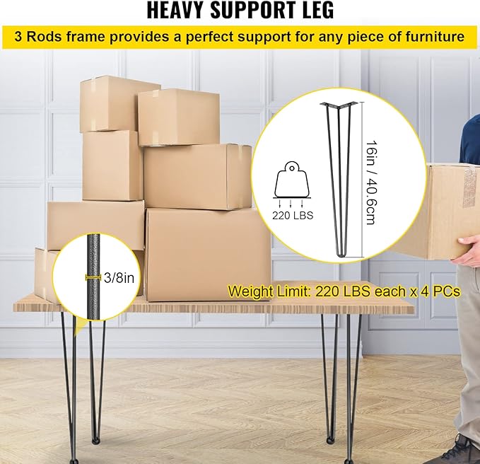 VEVOR Hairpin Table Legs 16" Black Set of 4 Desk Legs 880lbs Load Capacity (Each 220lbs) Hairpin Desk Legs 3 Rods for Bench Desk Dining End Table Chairs Carbon Steel DIY Heavy Duty Furniture Legs