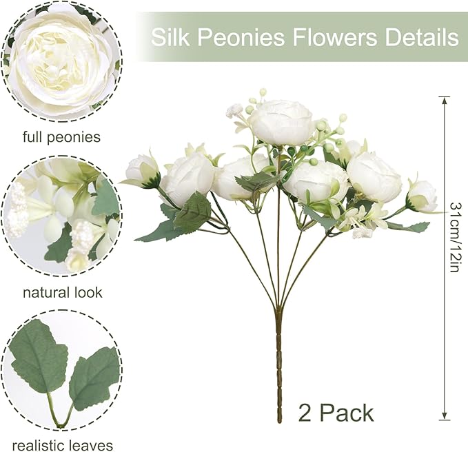SOMYTING Peonies Artificial Flowers, Fake Flowers White Peonies Faux Flowers Vintage Artificial Silk Flower Peonies Bouquets Floral Arrangements Home Wedding Party Coffee Table Decor (White, 2PCS)