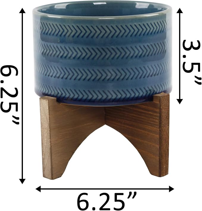 Flora Bunda 5 Inch Arrow Ceramic Planter on Wood Stand Mid Century,Glass Teal 5"