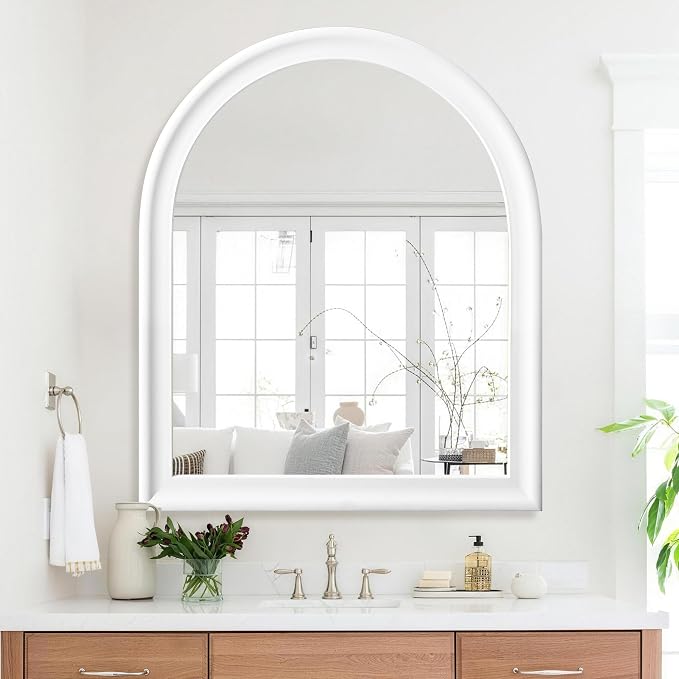 Arched Bathroom Mirror 30 x 36 Inch, White Framed Decorative Wall Mount Mirror with Tempered Glass for Entryway, Living Room, Bedroom, Hallway Fireplace Mantel Decor