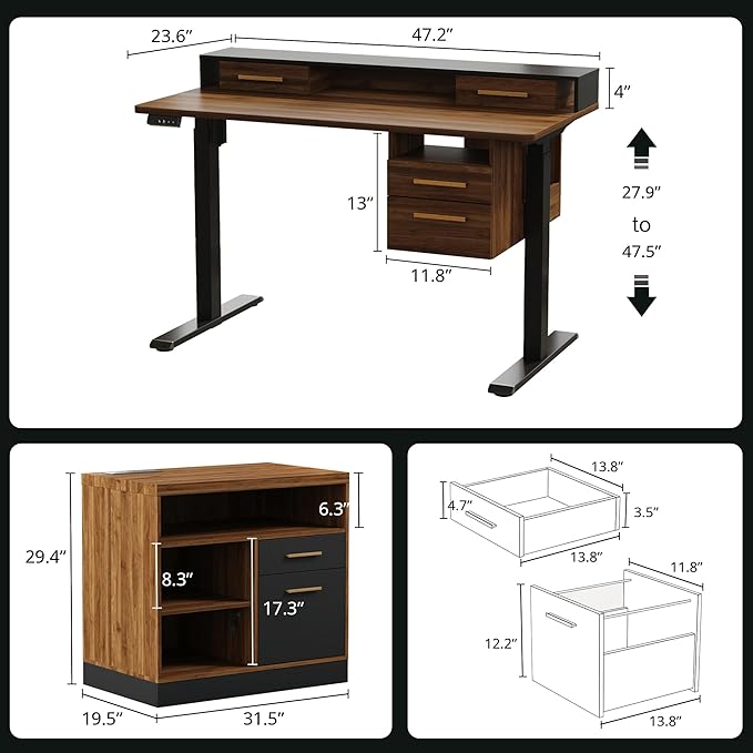47.2'' Standing Desk with File Cabinet, Height Adjustable Electric Sit Stand Desk, Lateral File Cabinet, Computer Workstation for Home Office, Black Walnut