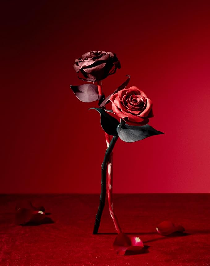 Handcrafted Genuine Leather Rose with Stem, Red, Gift Box Presentation, Lifelike Artisan Flower for 3rd Wedding Anniversary, Mother's Day (Dark Red)
