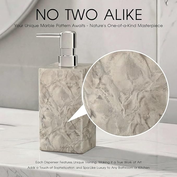Real Natural Marble Soap Dispenser with Stainless Steel Pump Decorative Liquid Hand Soap Bottle for Kitchen Bathroom, Compatible with Lotion, Dish Soap Shower Gel (Grey 1 Set)