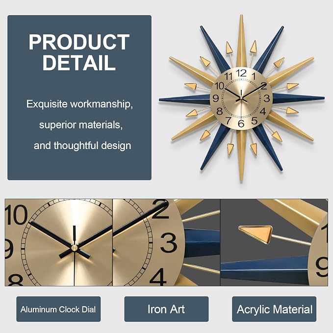 Starburst Large Wall Clock,Mid Century Decorative Wall Clock Modern Silent Clock Battery Operated for Living Room/Kitchen/Entryway/Bedroom/Office/Dinning Room Metal Wall Decor