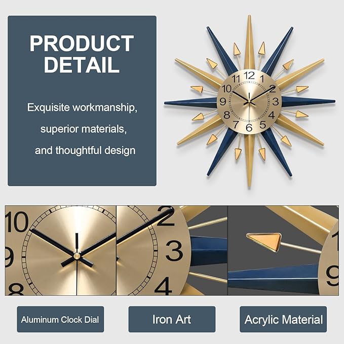Starburst Large Wall Clock,Mid Century Decorative Wall Clock Modern Silent Clock Battery Operated for Living Room/Kitchen/Entryway/Bedroom/Office/Dinning Room Metal Wall Decor