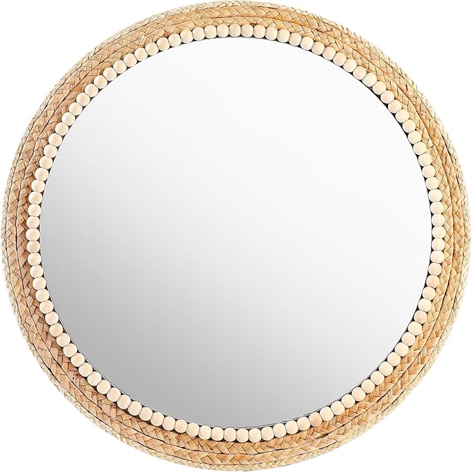 21 Inch Boho Round Hanging Wall Mirror Decorative Rattan Circle Wall Mounted Mirror for Farmhouse, Living Room, Bedroom, Bathroom