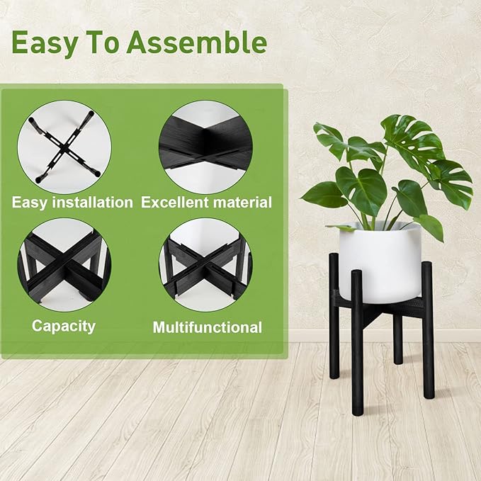 2 Pack Bamboo Plant Stands, Adjustable Plant Stand Indoor, Mid Century Modern Plant Stand, Plant Holder for Living Room, Balcony Fits 8 to 12 Inches Pots (Black)