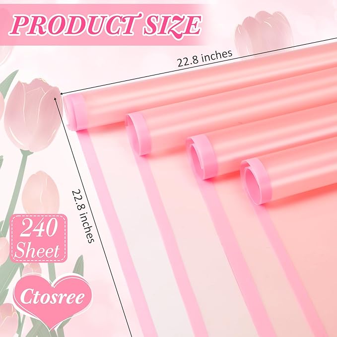 Ctosree 240 Sheets Flower Wrapping Paper, 22.8 x 22.8 Inch Waterproof Florist Floral Korean Flower Bouquet Wrapping Paper for Wedding Birthday DIY Gift Packaging Bouquet(Pastel Pink)