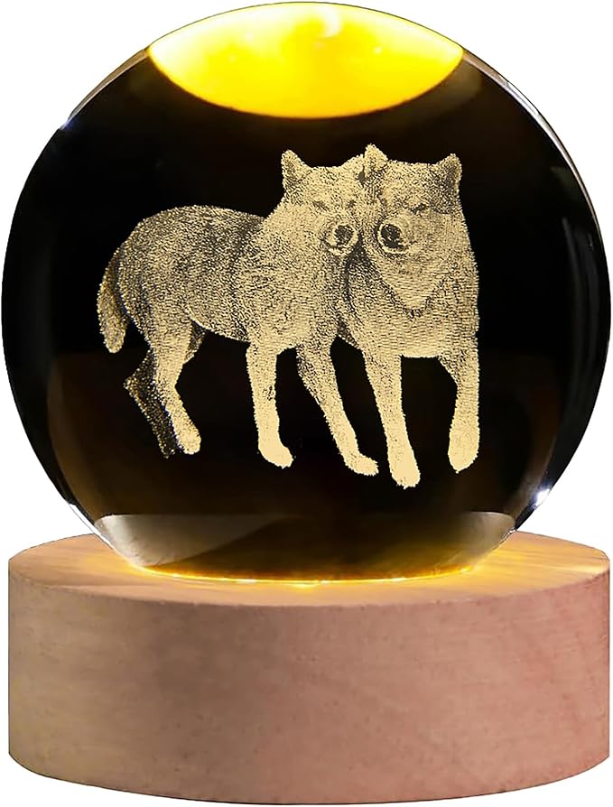 3D Wolf Crystal Ball with LED Light Base, 60mm Glass Sphere Decorative Balls, Wolf Figurine Lamp Gifts for Women Kids