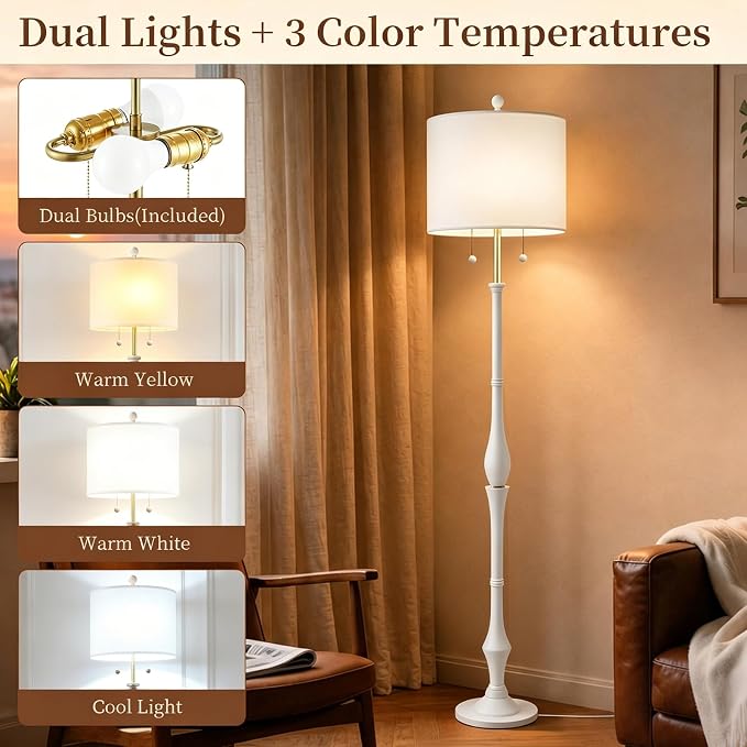 67.5'' Rustic Wooden Floor Lamp with Linen Shade, Farmhouse Floor Lamp for Living Room, Bedroom & Reading Nook, 3-Color Adjustable Tall Lamp with Pull Chain (White)