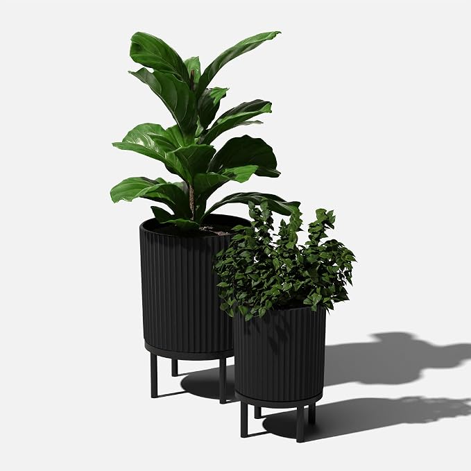 Veradek Demi Series Round Planter w/Stand for Porch/Patio | Durable Plastic-Stone Composite & Wooden Stand | Modern Décor for Tall Plants, Flowers