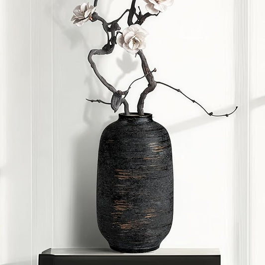 Black & Tall Ceramic Rustic Vase, 10.8 Inch Large Textured Flower Vase, Farmhouse Decorative Floral Pottery for Home Decor Table Living Room Entryway Mantel Bedroom Bathroom Kitchen (Black Bronze)