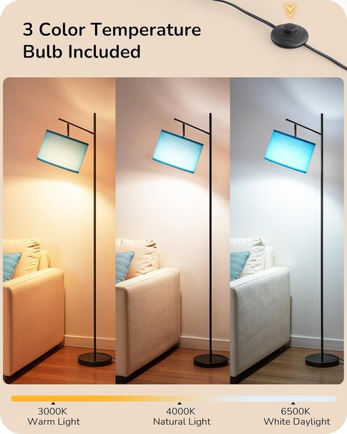 EDISHINE Modern Floor Lamp - 64.7" Minimalist Standing Design with Adjustable Linen Shade & 3 Color Temperatures - Blue
